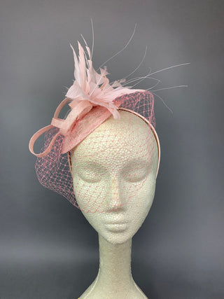 Light Pink Fascinator with veil attaches with headband, - The Hat Hive