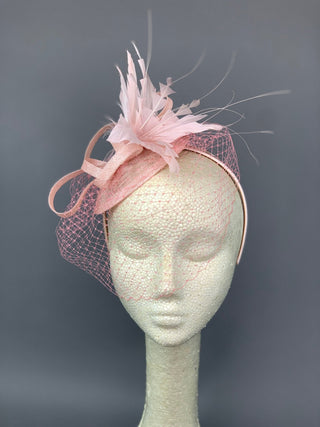 Light Pink Fascinator with veil attaches with headband, - The Hat Hive