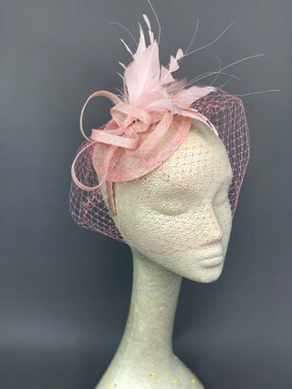 Light Pink Fascinator with veil attaches with headband, - The Hat Hive