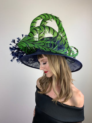 LIME GREEN FEATHERS ON NAVY HAT - The Hat Hive