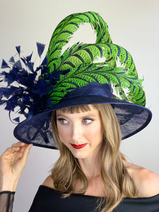 LIME GREEN FEATHERS ON NAVY HAT - The Hat Hive
