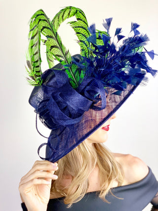 LIME GREEN FEATHERS ON NAVY HAT - The Hat Hive