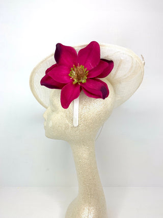 lvory with magenta flower fascinator, Hatinator, Derby Hat, Women’s Tea Party Hat, Church Hat, Derby Hat, Fancy Hat, Ivory Hat, wedding hat - The Hat Hive