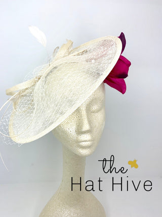 lvory with magenta flower fascinator, Hatinator, Derby Hat, Women’s Tea Party Hat, Church Hat, Derby Hat, Fancy Hat, Ivory Hat, wedding hat - The Hat Hive