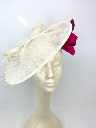 lvory with magenta flower fascinator, Hatinator, Derby Hat, Women’s Tea Party Hat, Church Hat, Derby Hat, Fancy Hat, Ivory Hat, wedding hat - The Hat Hive