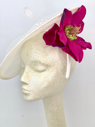 lvory with magenta flower fascinator, Hatinator, Derby Hat, Women’s Tea Party Hat, Church Hat, Derby Hat, Fancy Hat, Ivory Hat, wedding hat - The Hat Hive