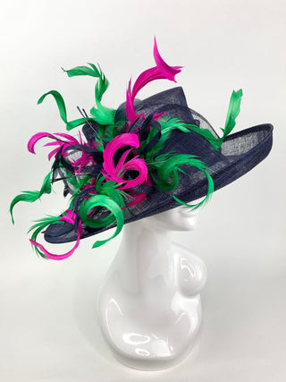 NAVY BLUE DERBY HAT w/ FUCHSIA & GREEN CURLS - The Hat Hive