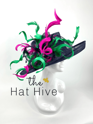 NAVY BLUE DERBY HAT w/ FUCHSIA & GREEN CURLS - The Hat Hive