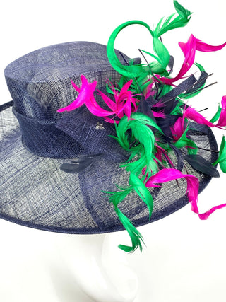 NAVY BLUE DERBY HAT w/ FUCHSIA & GREEN CURLS - The Hat Hive