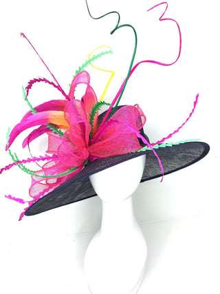 NAVY BLUE WITH FUCHSIA PINK BOW DERBY HAT - The Hat Hive