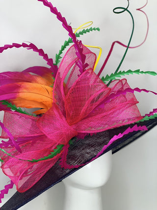 NAVY BLUE WITH FUCHSIA PINK BOW DERBY HAT - The Hat Hive