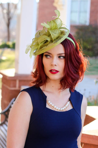 Olive Green Fascinator on headband for easy wear. Style: "The Kenni" Women's Tea Party Hat, Church Hat, Derby Hat, wedding hat - The Hat Hive