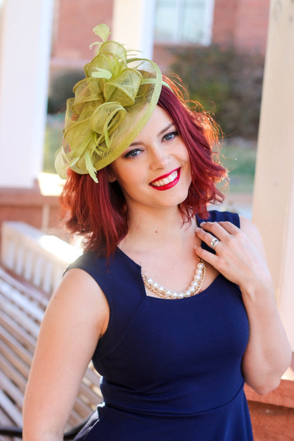 Olive Green Fascinator on headband for easy wear. Style: "The Kenni" W The Hat Hive Olive Green Fascinator on headband for easy wear. Style: "The Kenni" W The Hat Hive