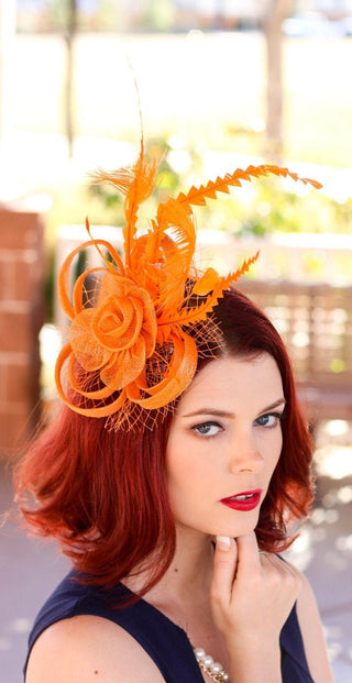 Orange Fascinator, Womens Tea Party Hat, Church Hat, Derby Hat, Fancy Hat, Bachelorette Hat, Tea Party Hat, wedding hat - The Hat Hive