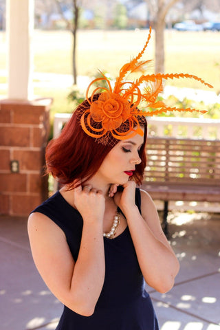 Orange Fascinator, Womens Tea Party Hat, Church Hat, Derby Hat, Fancy Hat, Bachelorette Hat, Tea Party Hat, wedding hat - The Hat Hive