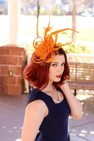 Orange Fascinator, Womens Tea Party Hat, Church Hat, Derby Hat, Fancy Hat, Bachelorette Hat, Tea Party Hat, wedding hat - The Hat Hive