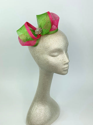 Pink & Green Fascinator, Pink and Green Bow, Womens Tea Party Fascinator, Church Hat, Derby Hat, Fancy Hat Mini Fascinator, wedding hat - The Hat Hive