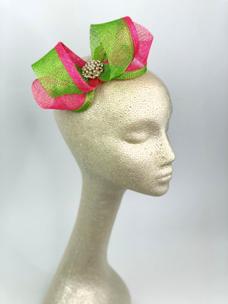 Pink & Green Fascinator, Pink and Green Bow, Womens Tea Party Fascinator, Church Hat, Derby Hat, Fancy Hat Mini Fascinator, wedding hat - The Hat Hive