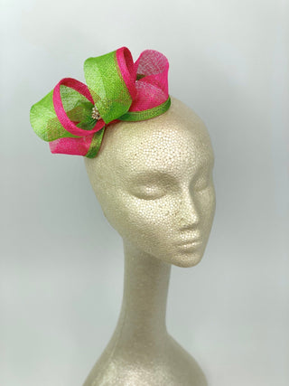 Pink & Green Fascinator, Pink and Green Bow, Womens Tea Party Fascinator, Church Hat, Derby Hat, Fancy Hat Mini Fascinator, wedding hat - The Hat Hive