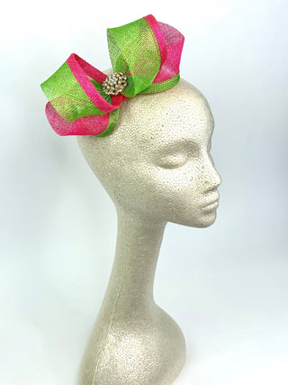 Pink & Green Fascinator, Pink and Green Bow, Womens Tea Party Fascinator, Church Hat, Derby Hat, Fancy Hat Mini Fascinator, wedding hat - The Hat Hive