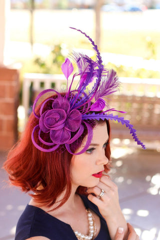 Purple Fascinator, Womens Tea Party Hat, Church Hat, Derby Hat, Fancy Hat, Bachelorette Hat, Tea Party Hat, wedding hat - The Hat Hive