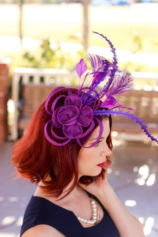 Purple Fascinator, Womens Tea Party Hat, Church Hat, Derby Hat, Fancy Hat, Bachelorette Hat, Tea Party Hat, wedding hat - The Hat Hive