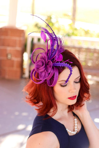 Purple Fascinator, Womens Tea Party Hat, Church Hat, Derby Hat, Fancy Hat, Bachelorette Hat, Tea Party Hat, wedding hat - The Hat Hive