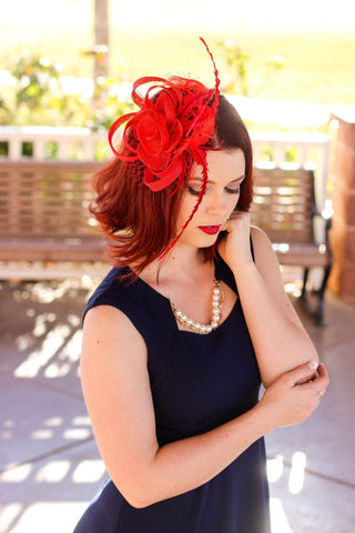 Red Fascinator, Womens Tea Party Hat, Church Hat, Derby Hat, Fancy Hat, Bachelorette Hat, Tea Party Hat, wedding hat - The Hat Hive