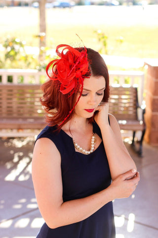 Red Fascinator, Womens Tea Party Hat, Church Hat, Derby Hat, Fancy Hat, Bachelorette Hat, Tea Party Hat, wedding hat - The Hat Hive