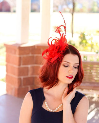 Red Fascinator, Womens Tea Party Hat, Church Hat, Derby Hat, Fancy Hat, Bachelorette Hat, Tea Party Hat, wedding hat - The Hat Hive