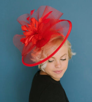 Red Mesh Fascinator, The Celeste Tea Party Hat, Church Hat, Kentucky Derby Hat, Fancy Hat, Pink Hat, Tea Party Hat, wedding hat, British Hat - The Hat Hive