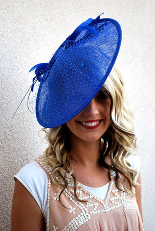 Royal Blue Fascinator Derby Hat on Headband, several colors avail, Church Hat, Derby Hat, Fancy Hat, Royal Hat, Tea Party Hat, wedding hat - The Hat Hive