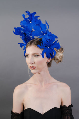 Royal Blue Feather Fascinator on headband, Tea Party Hat, Kentucky Derby Hat, British Hat, Wedding hat, women's hat - The Hat Hive