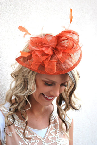 Rusty Orange Brown Fascinator, Tea Party Hat, Church Hat, Derby Hat, Fancy Hat, Tea Party Hat, wedding hat, Orange Facinator, Coral Hat - The Hat Hive