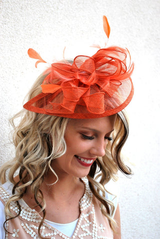 Rusty Orange Brown Fascinator, Tea Party Hat, Church Hat, Derby Hat, Fancy Hat, Tea Party Hat, wedding hat, Orange Facinator, Coral Hat - The Hat Hive