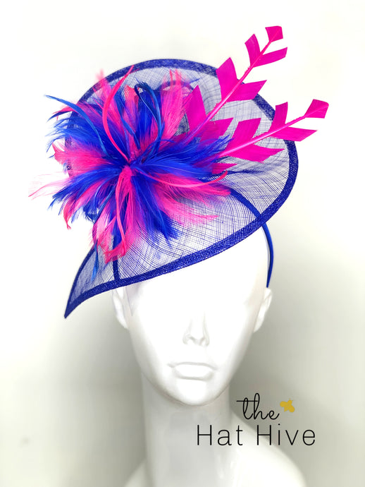 ROYAL BLUE & PINK CUT FEATHERS FASCINATOR