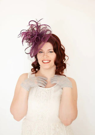 THE BRYNLEE SINAMAY FEATHER FASCINATOR WITH VEIL ON HEADBAND - The Hat Hive