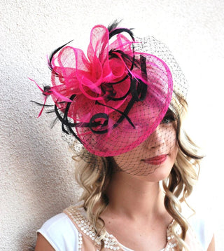 THE BRYNLEE SINAMAY FEATHER FASCINATOR WITH VEIL ON HEADBAND - The Hat Hive