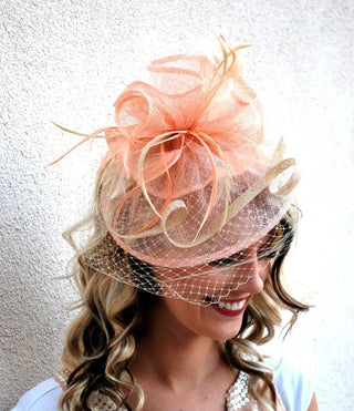 THE BRYNLEE SINAMAY FEATHER FASCINATOR WITH VEIL ON HEADBAND - The Hat Hive