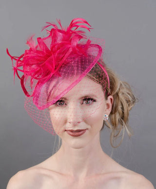 THE BRYNLEE SINAMAY FEATHER FASCINATOR WITH VEIL ON HEADBAND - The Hat Hive