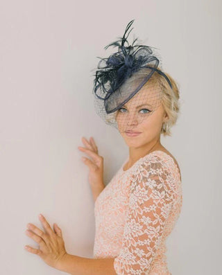 THE BRYNLEE SINAMAY FEATHER FASCINATOR WITH VEIL ON HEADBAND - The Hat Hive