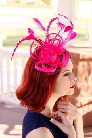 The Ellie Hot Pink Fascinator, Women's Tea Party Hat, Church Hat, Derby Hat, Fancy Hat, Bachelorette Hat, Tea Party Hat, wedding hat - The Hat Hive