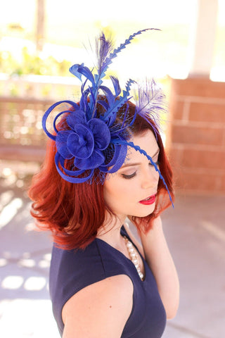 The Ellie Royal Blue Fascinator, Womens Tea Party Hat, Church Hat, Derby Hat, Fancy Hat, Bachelorette Hat, Tea Party Hat, wedding hat - The Hat Hive