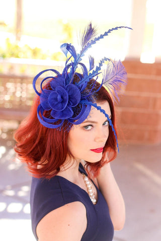 The Ellie Royal Blue Fascinator, Womens Tea Party Hat, Church Hat, Derby Hat, Fancy Hat, Bachelorette Hat, Tea Party Hat, wedding hat - The Hat Hive