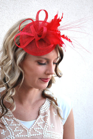 The Haleigh Red Fascinator, Tea Party Hat, Church Hat, Derby Hat, Cocktail Hat, Tea Party Hat, wedding hat, Red Fascinator, women's hat - The Hat Hive