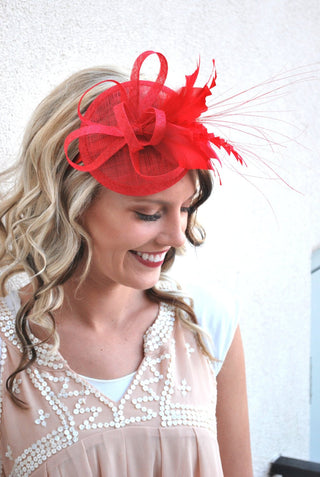 The Haleigh Red Fascinator, Tea Party Hat, Church Hat, Derby Hat, Cocktail Hat, Tea Party Hat, wedding hat, Red Fascinator, women's hat - The Hat Hive