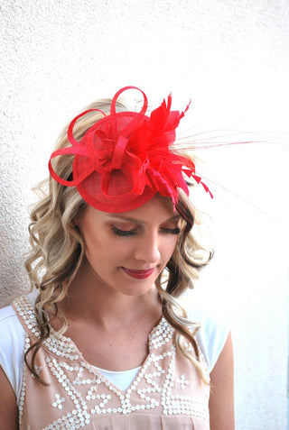 The Haleigh Red Fascinator, Tea Party Hat, Church Hat, Derby Hat, Cocktail Hat, Tea Party Hat, wedding hat, Red Fascinator, women's hat - The Hat Hive
