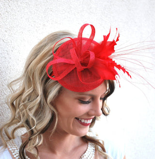 The Haleigh Red Fascinator, Tea Party Hat, Church Hat, Derby Hat, Cocktail Hat, Tea Party Hat, wedding hat, Red Fascinator, women's hat - The Hat Hive