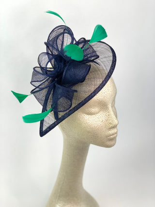 The Kenni Navy Blue Fascinator with green feathers - The Hat Hive