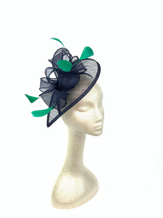 The Kenni Navy Blue Fascinator with green feathers - The Hat Hive